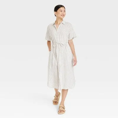 New - Women's Short Sleeve Linen Midi Shirtdress - A New Day Cream Striped XL