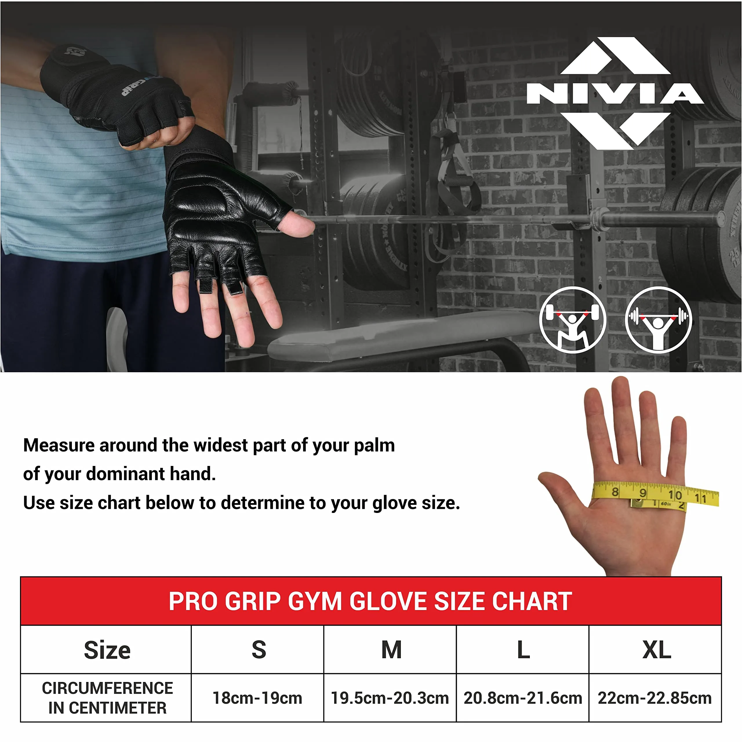 Nivia Pro Grip Genuine Leather Gloves,Gym Gloves for Men and Women Weightlifting Gloves,Stretch Fabric with Neoprene Strap, 1/2 Finger Durable Wight Lifting Gloves - Black(Large)