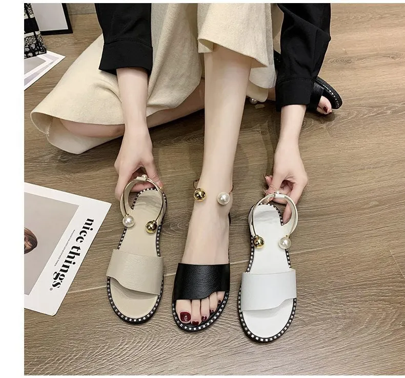 OCW Summer Premium Comfortable Pearl Buckle Women Leather Sandals