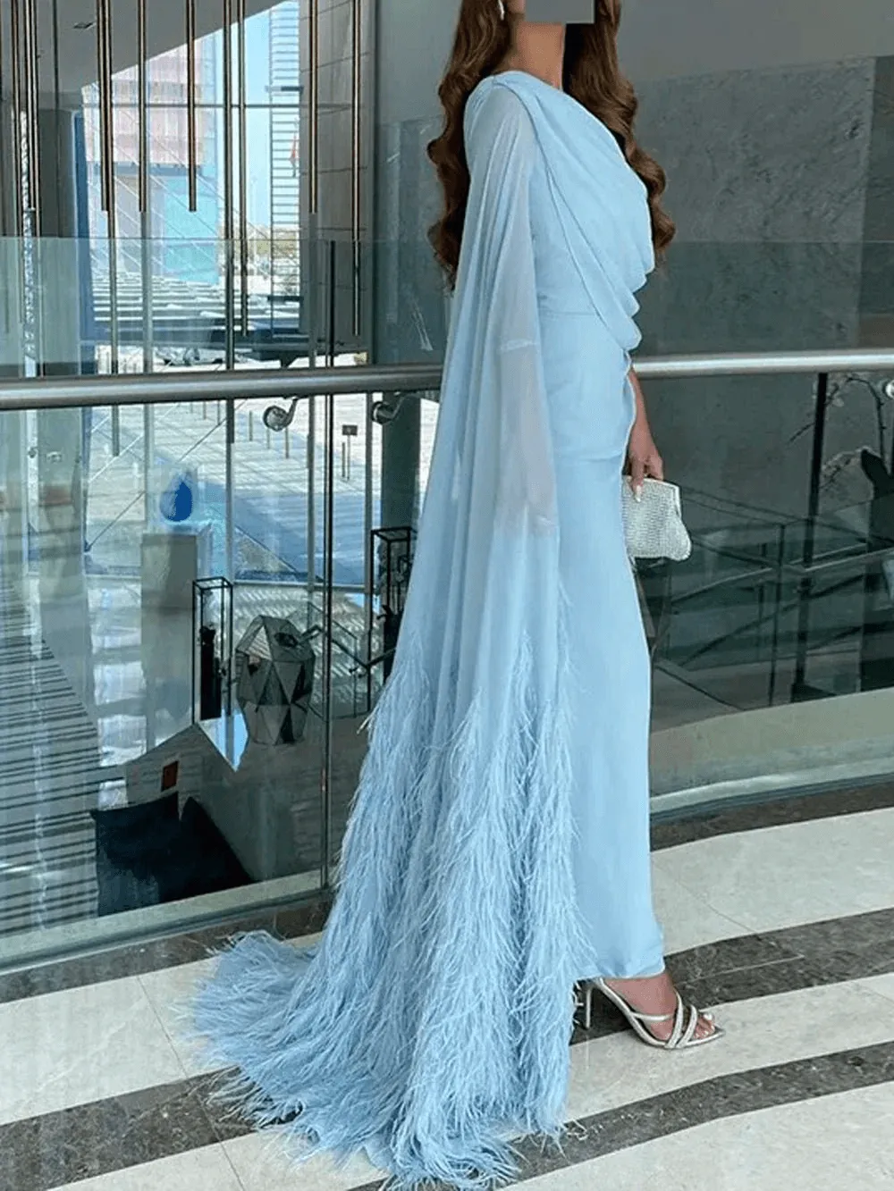 Party Dresses for Wedding,Sky Blue Formal Dress Feather Tail