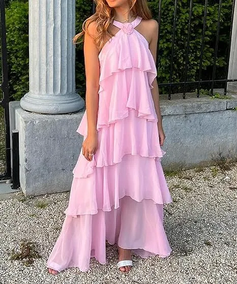 Pink A-line Tiered Prom Dress,Backless Chiffon Evening Dresses