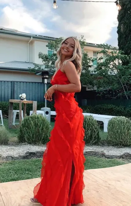 Red Ruffles Long Formal Dress Elegant Evening Dresses Mermaid