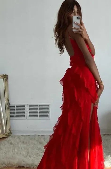 Red Ruffles Long Formal Dress Elegant Evening Dresses Mermaid