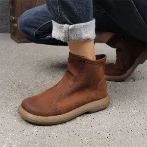 Retro Leather Ankle Boots for Women Flat Shoes Side Zipper in Gray/Coffee