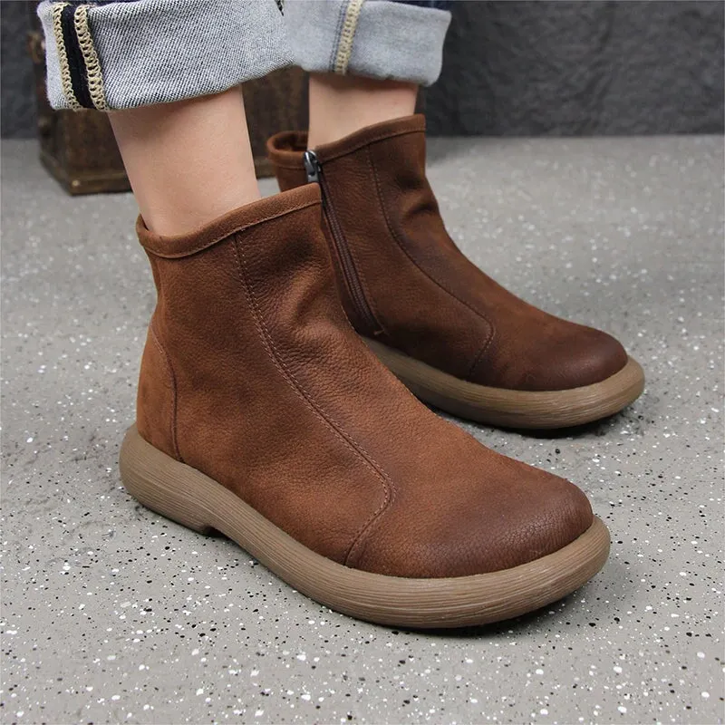 Retro Leather Ankle Boots for Women Flat Shoes Side Zipper in Gray/Coffee