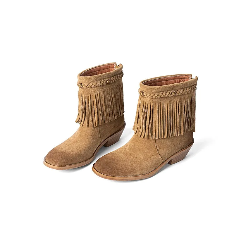 Round Toe Nubuck Leather Short boots For Women Western Boots With Tassel Details In Black/Khaki