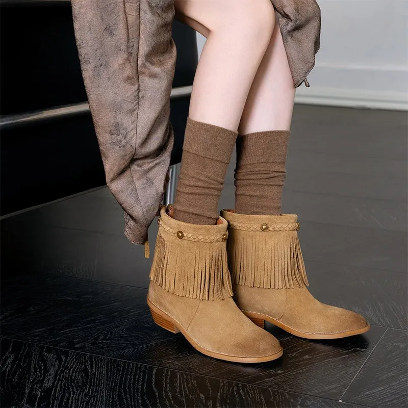 Round Toe Nubuck Leather Short boots For Women Western Boots With Tassel Details In Black/Khaki