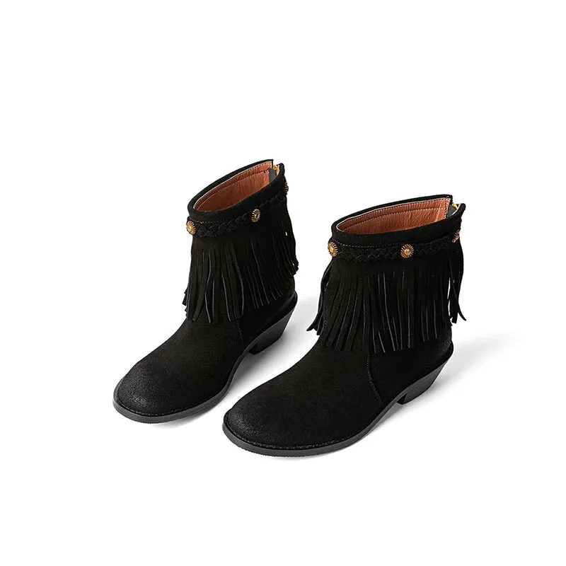 Round Toe Nubuck Leather Short boots For Women Western Boots With Tassel Details In Black/Khaki