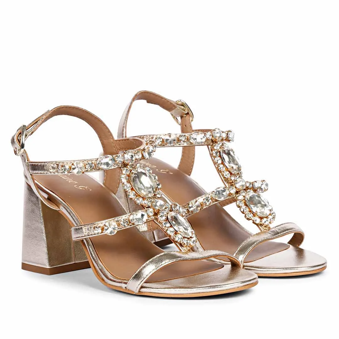 Saint Enriqueta Stone Adorned Platin Leather Block Heels