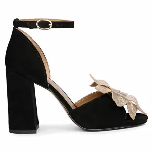 Saint Lilly Gold Flower Embellished Black Leather Block Heel