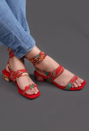 Scarlet Red Kalamkari Tie Up Heels