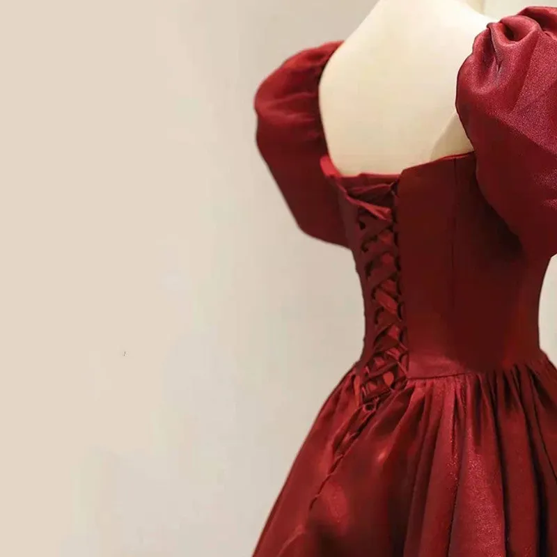 Simple Burgundy Prom Dress Square Neck Tea Length Graduation Dresses