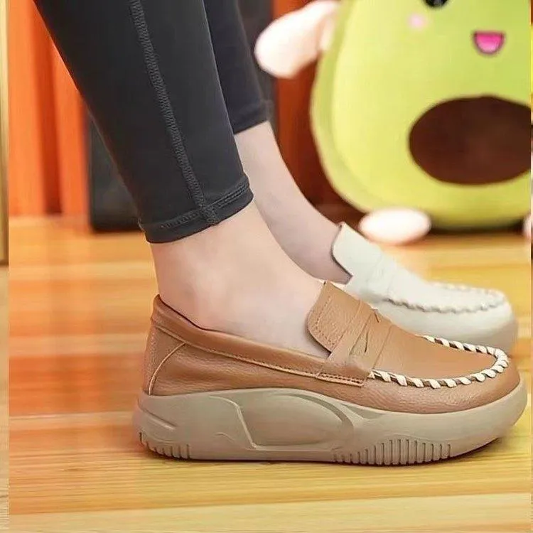 Slip-on Casual Leather Shoes Platform Round Toe