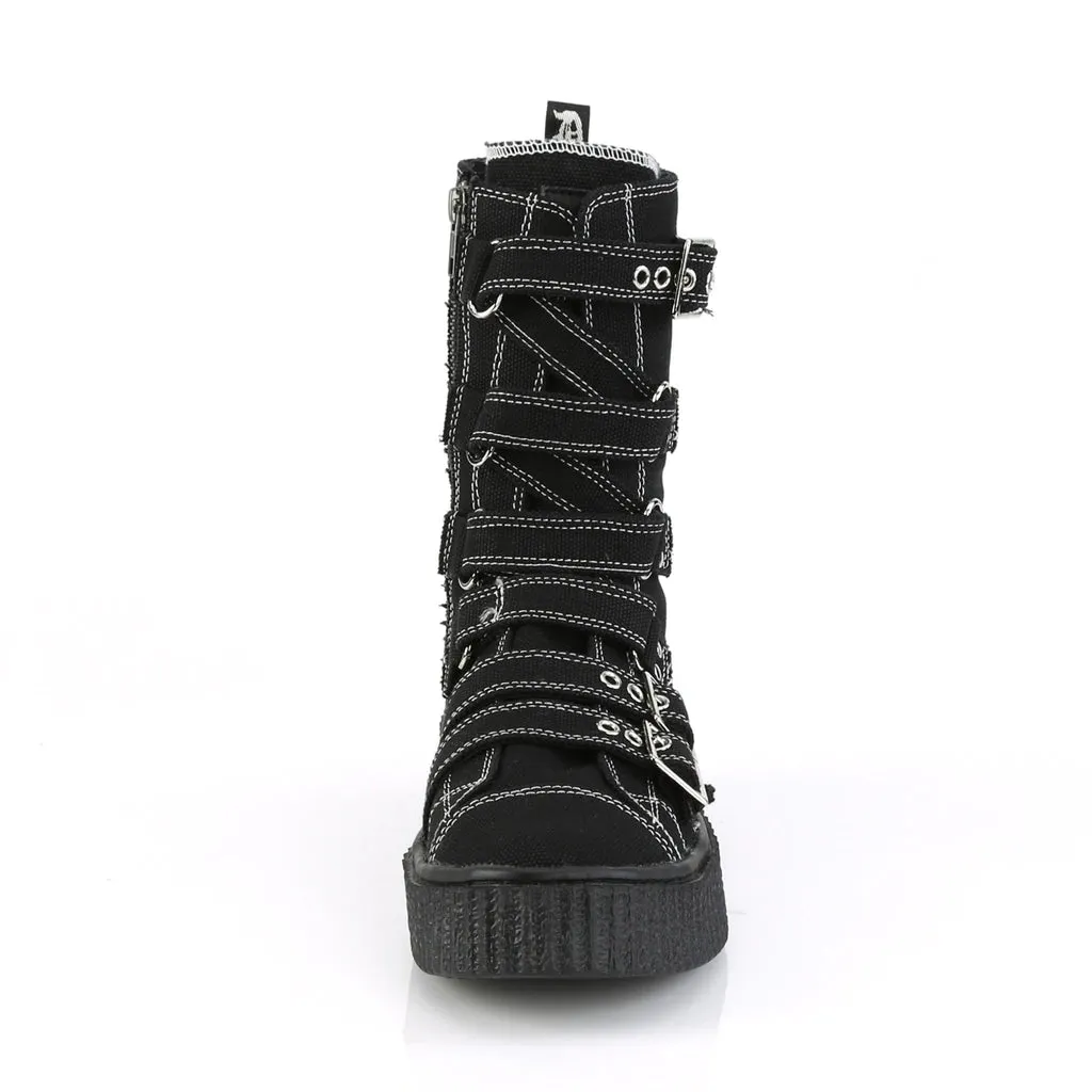 Sneeker-318 Black Canvas Mid-Calf Sneaker Creeper Shoe w/ Zig Zag Buckle Straps