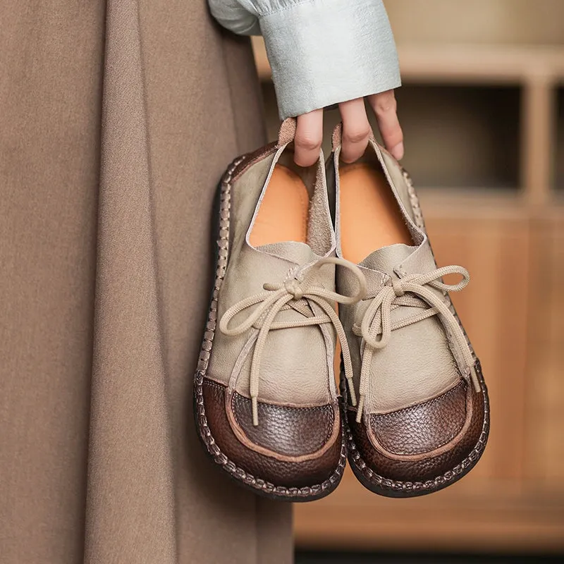 Soft Leather Oxfords & Tie Flats For Women in Brown/Beige Handmade