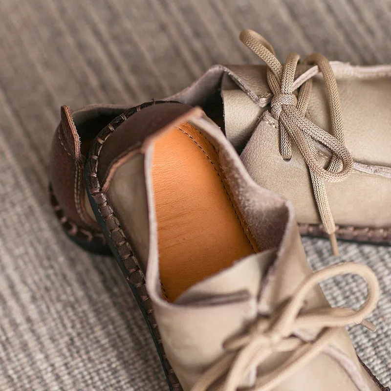 Soft Leather Oxfords & Tie Flats For Women in Brown/Beige Handmade