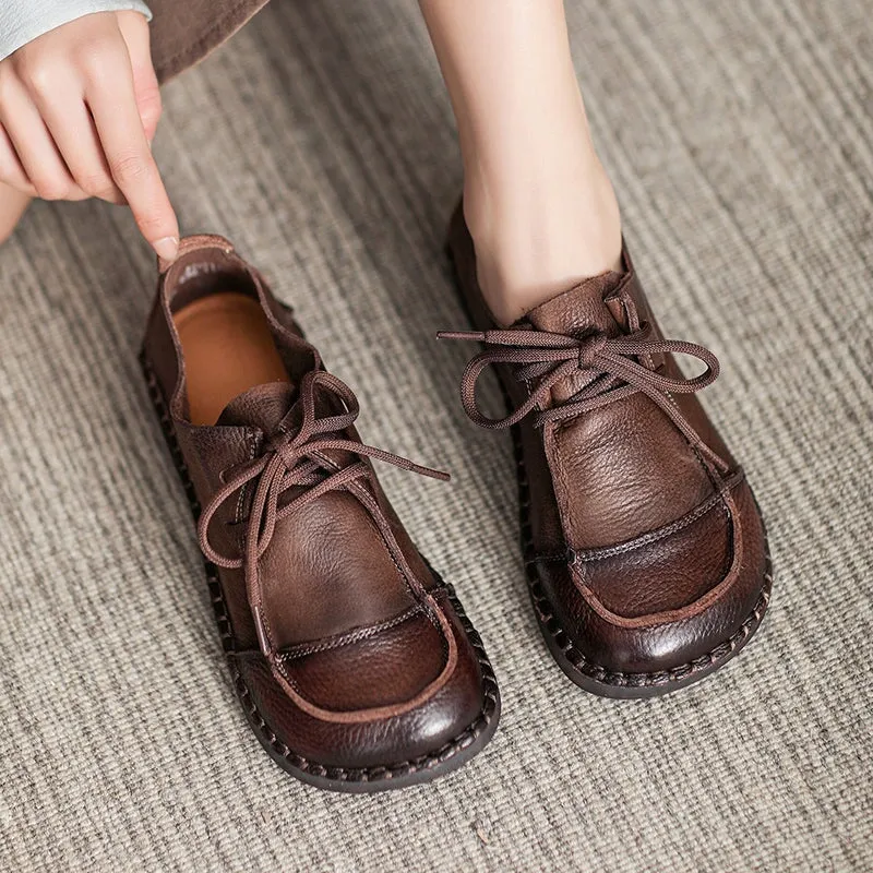 Soft Leather Oxfords & Tie Flats For Women in Brown/Beige Handmade