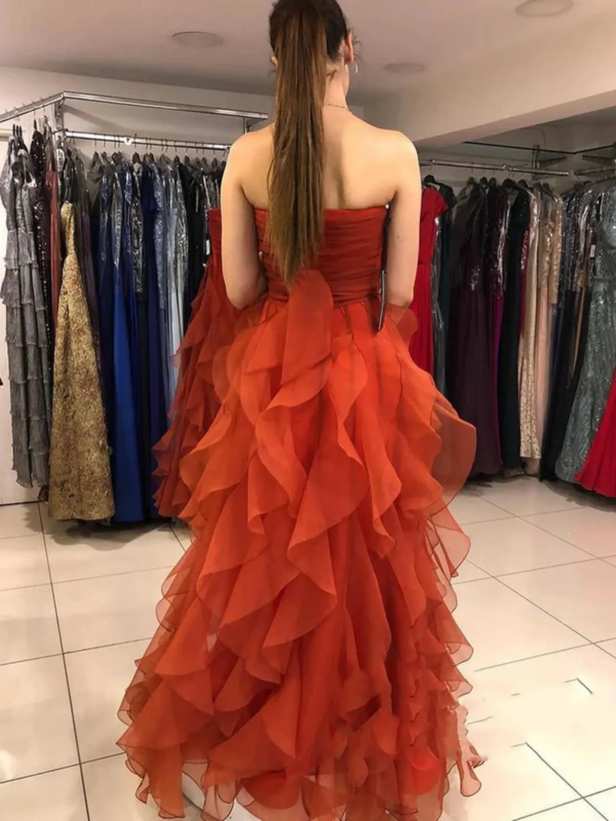 Strapless Burnt Orange Long Prom Dresses,Formal Evening Gowns