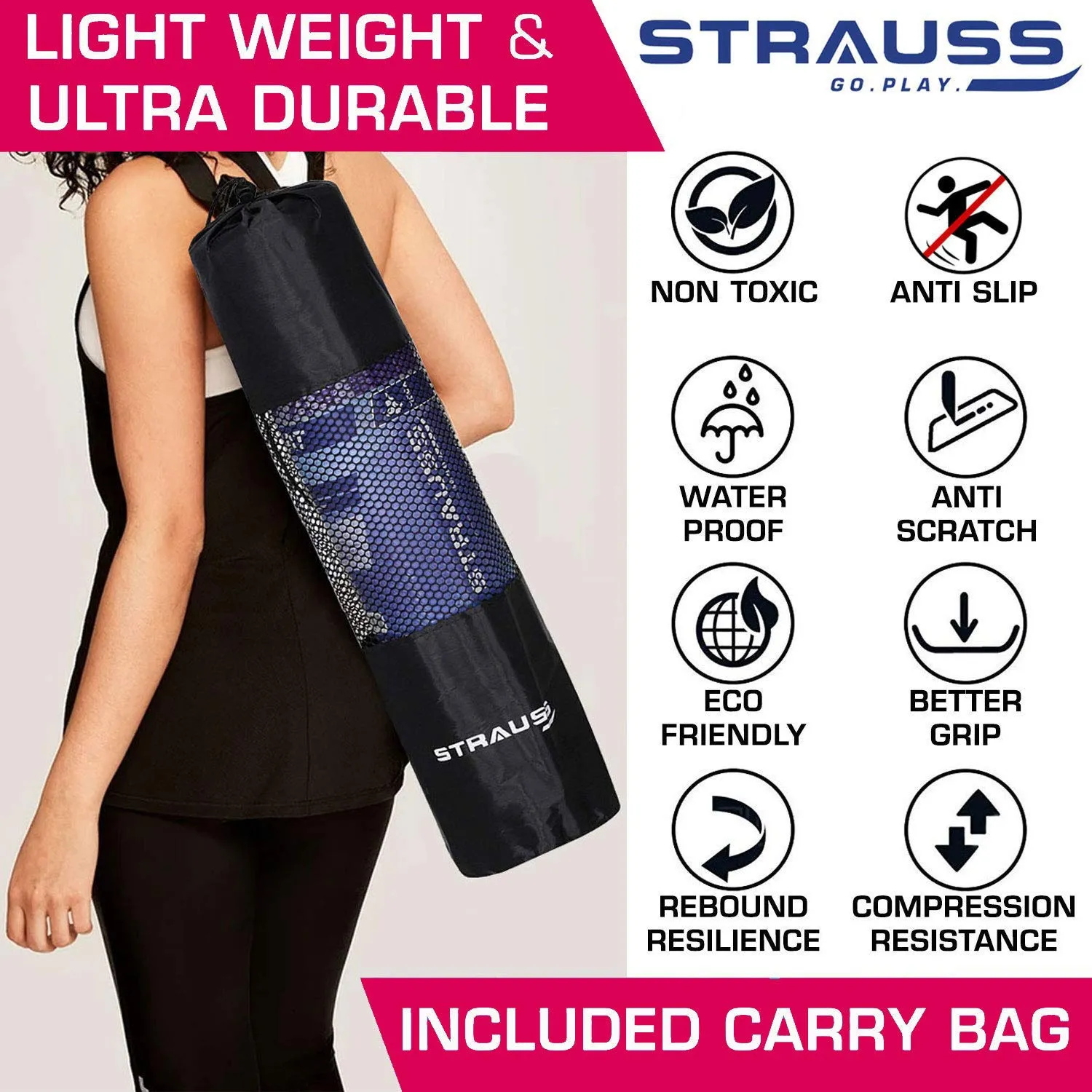 Strauss Eco-Friendly Yoga Mat with Carry Bag | Anti-Slip Exercise Mat with Poses Printed | Ideal for Home & Gym Workouts | 4mm Thick, Pink