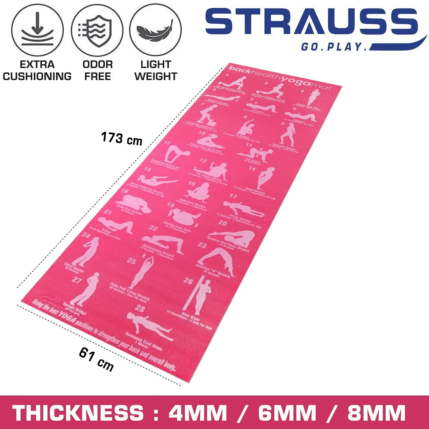 Strauss Eco-Friendly Yoga Mat with Carry Bag | Anti-Slip Exercise Mat with Poses Printed | Ideal for Home & Gym Workouts | 4mm Thick, Pink