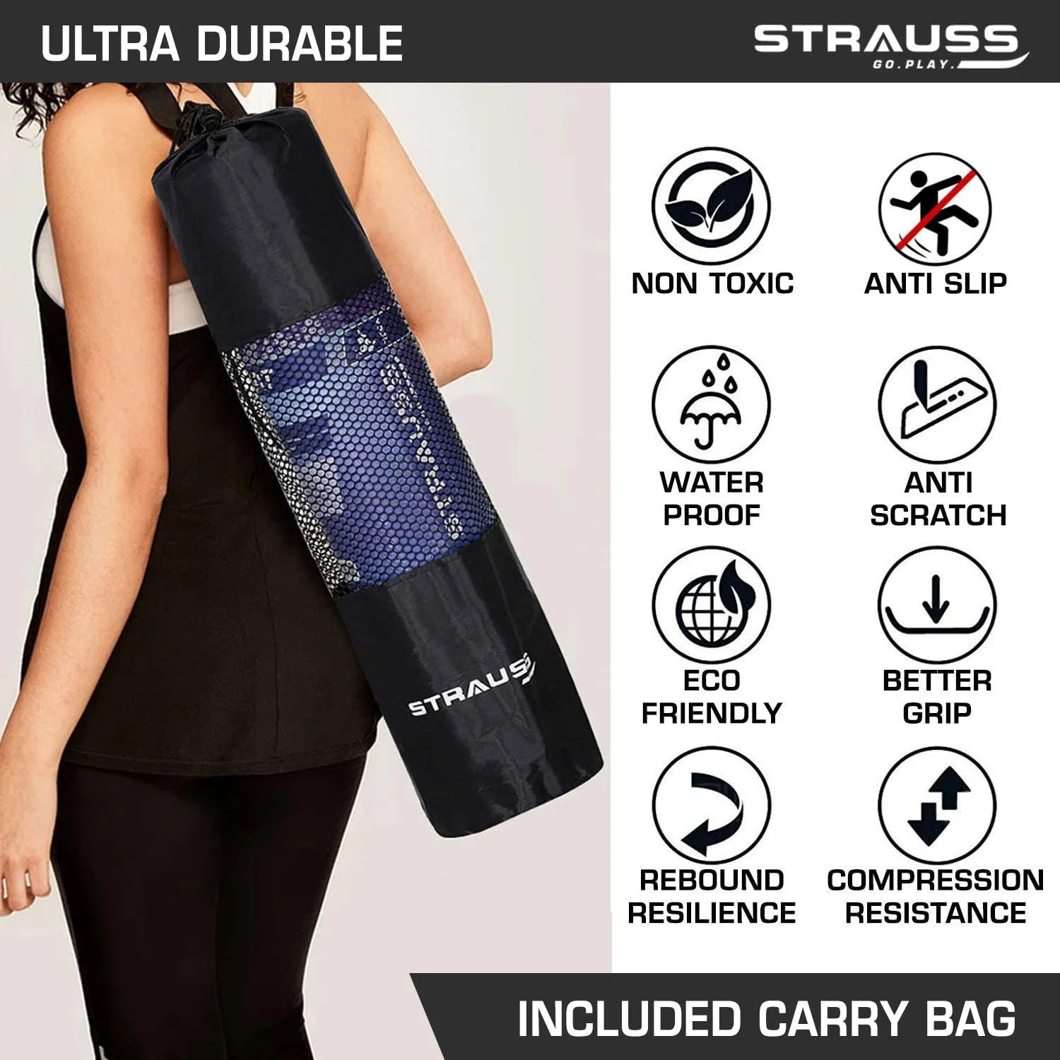 Strauss Exercise Floral Yoga Mat with Carry Bag Non-Slip Exercise & Fitness Mat for Yoga, Pilates & Floor Workouts For Men & Women Anti Tear Mat | Home & Gym Workout |Size-8mm, (Purple)