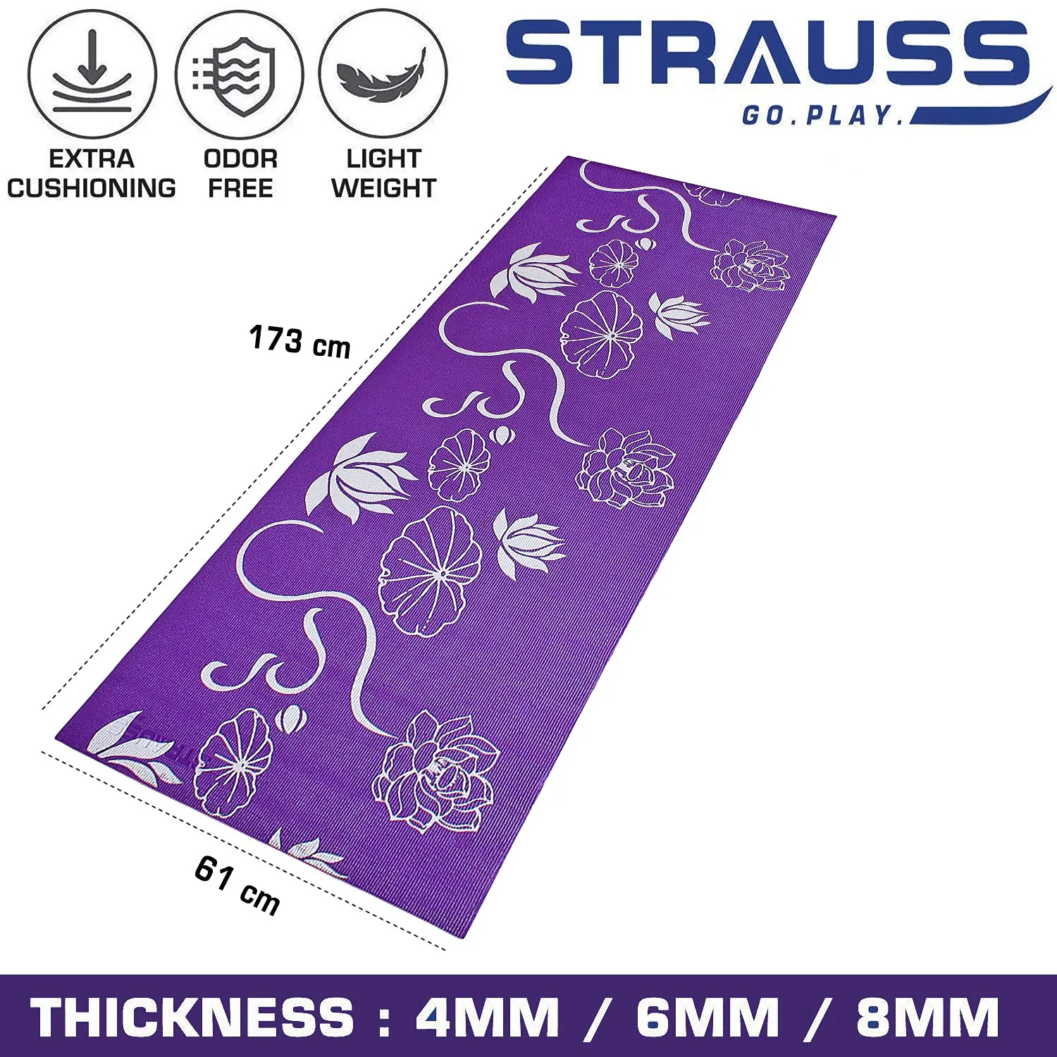 Strauss Exercise Floral Yoga Mat with Carry Bag Non-Slip Exercise & Fitness Mat for Yoga, Pilates & Floor Workouts For Men & Women Anti Tear Mat | Home & Gym Workout |Size-8mm, (Purple)