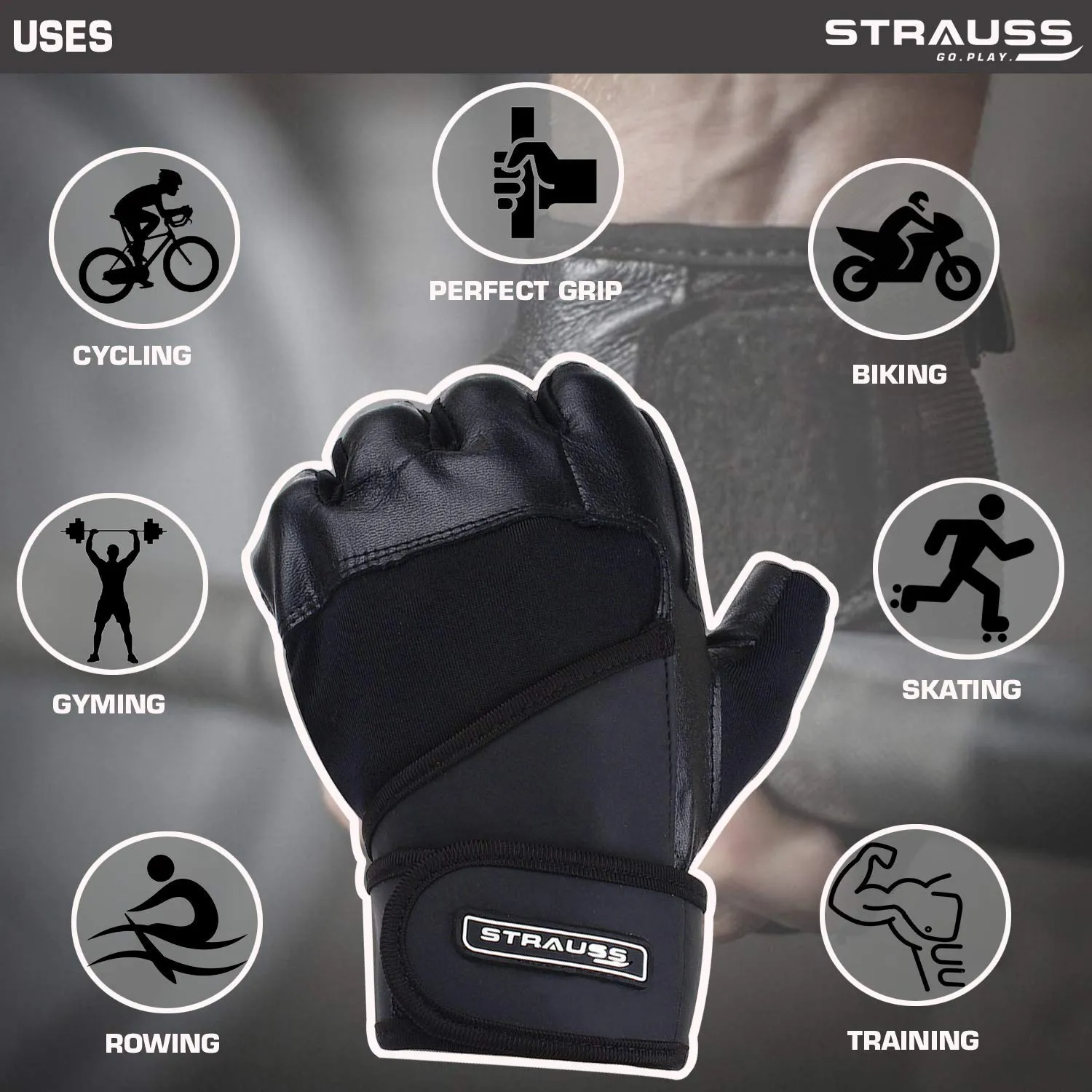 Strauss Leather Gym Gloves with Wrist Wrap (Medium) and Spider Shaker Bottle,(White)