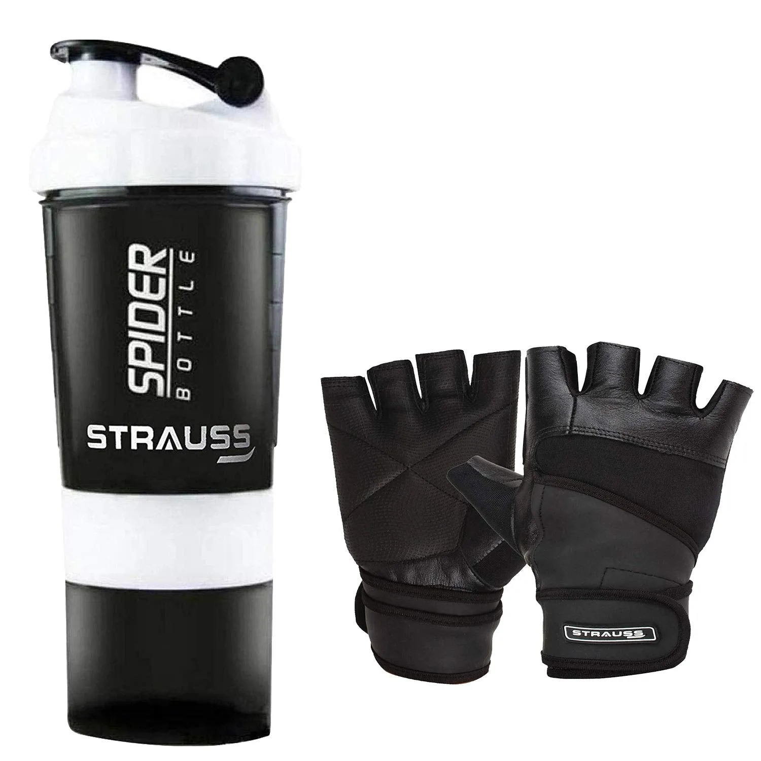 Strauss Leather Gym Gloves with Wrist Wrap (Medium) and Spider Shaker Bottle,(White)