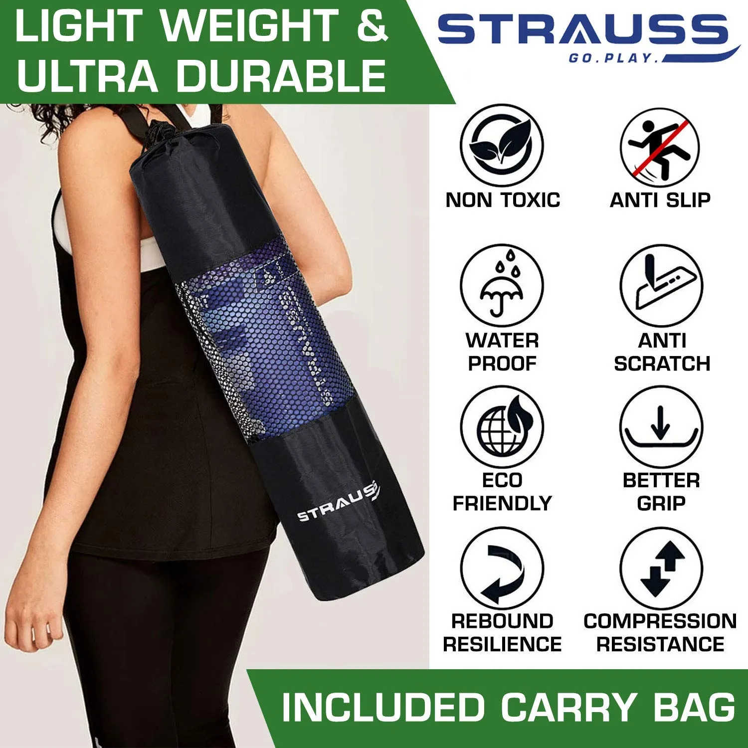 STRAUSS Yoga Mat with Carry Bag | Anti-Slip Exercise Mat for Women & Men | Home Gym Workout, Yoga, Pilates | Eco-friendly | Non-Slip Surface | Lightweight & Durable | 6mm (Green)