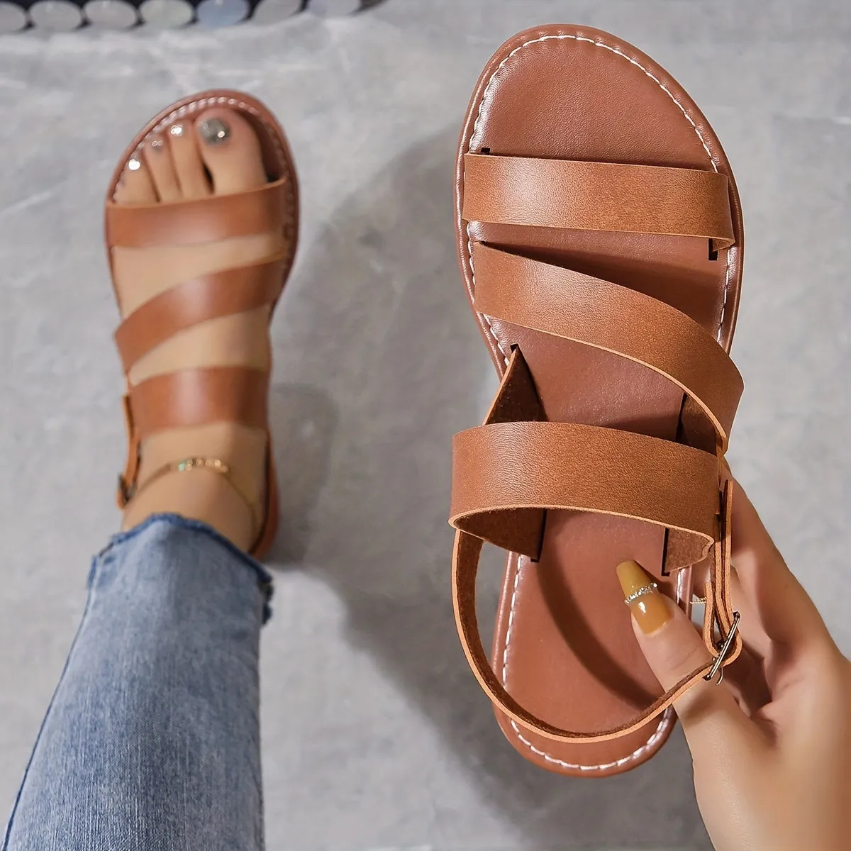 Stylish Women's Roman Flat Sandals - Comfortable Solid Color Open Round Toe Ankle Strap Shoes with Adjustable Buckle, Perfect for Casual Beach, Summer, Vacation, and Outdoor Activities