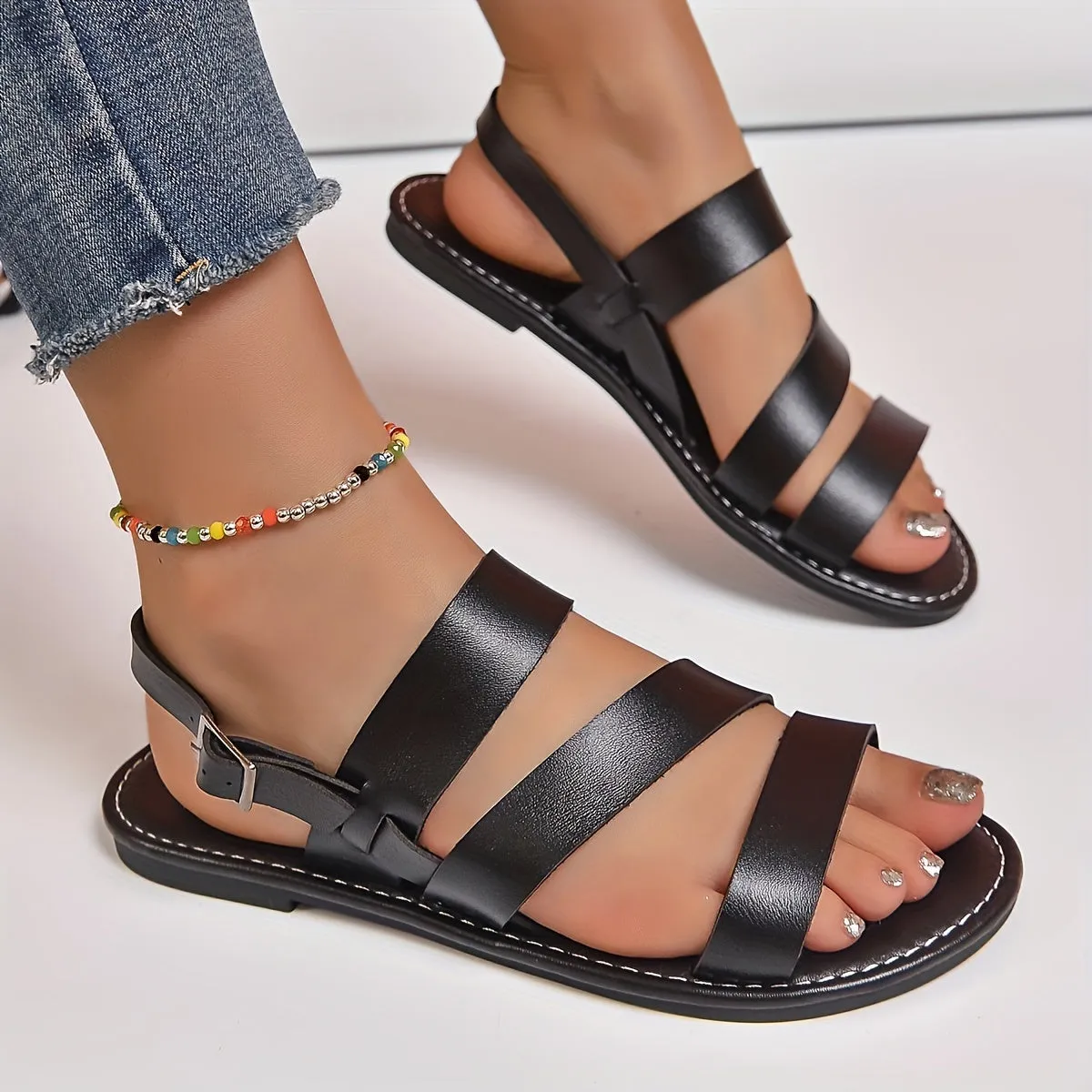 Stylish Women's Roman Flat Sandals - Comfortable Solid Color Open Round Toe Ankle Strap Shoes with Adjustable Buckle, Perfect for Casual Beach, Summer, Vacation, and Outdoor Activities