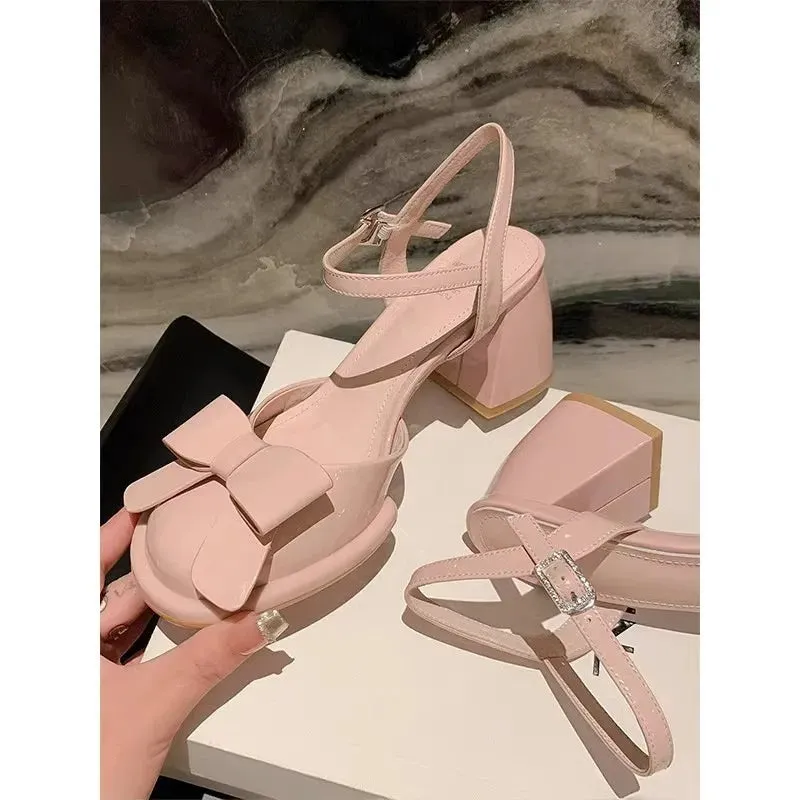 TAIVIMART  -  New Summer Pink Fashion Butterfly-knot High Heel Chunky Shoes Women Sweet Girl Pumps