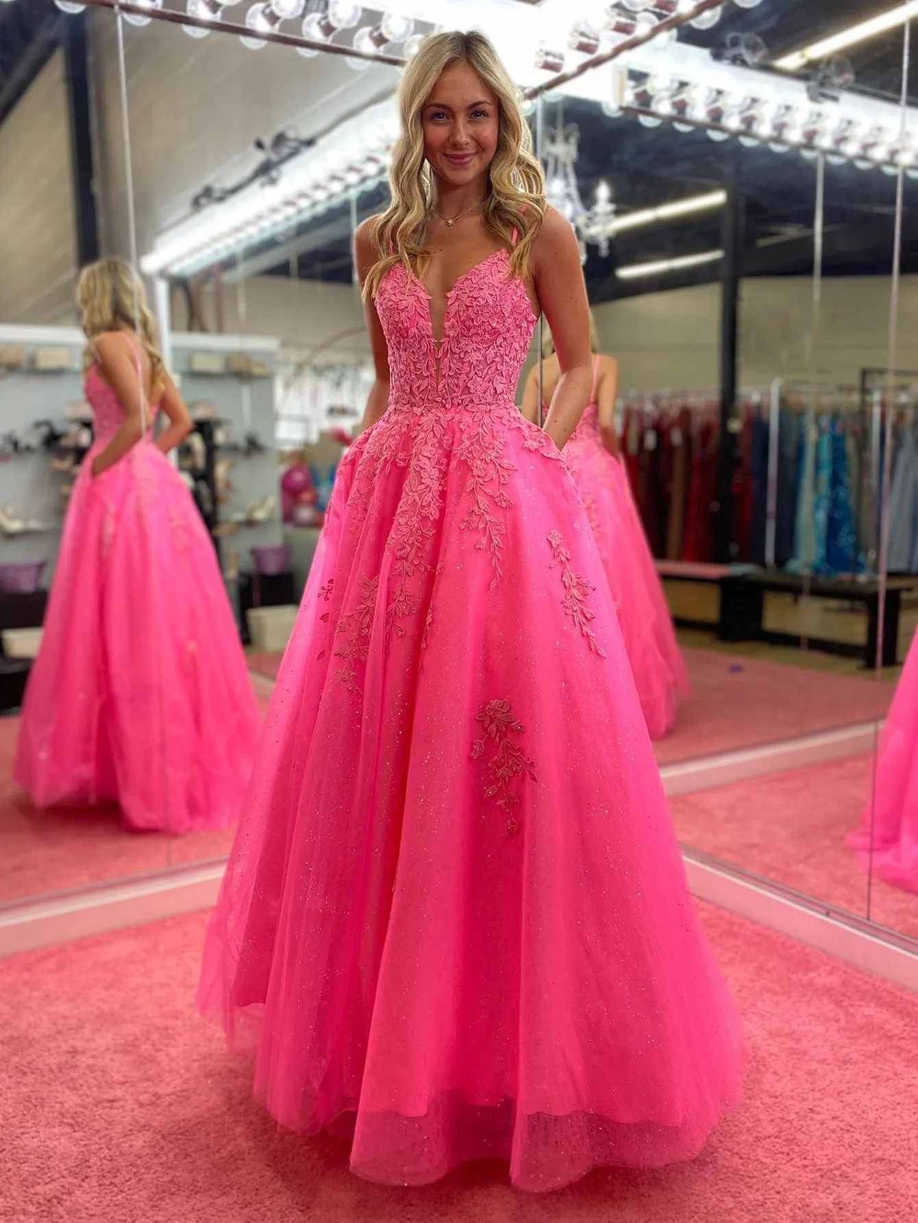 V Neck Hot Pink A Line Lace Long Prom Dress with Pocket