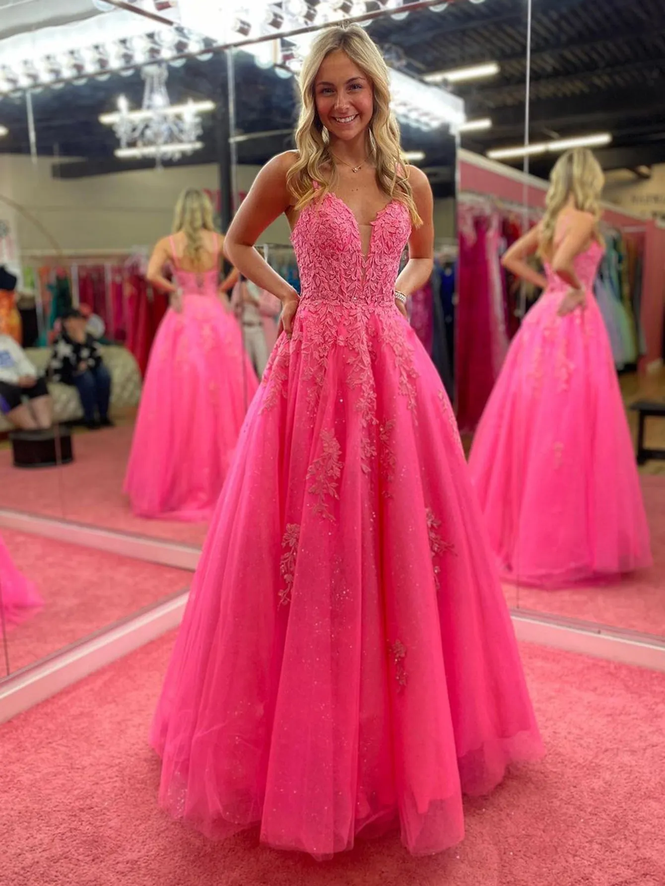 V Neck Hot Pink A Line Lace Long Prom Dress with Pocket