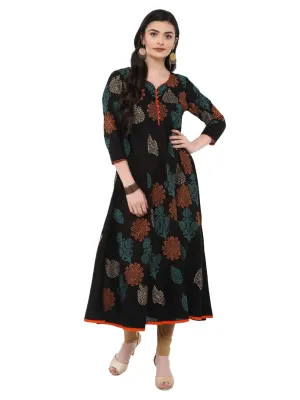 Women Black Cotton Printed Anarkali With Multicoloured Ajrakh Hand Block Print