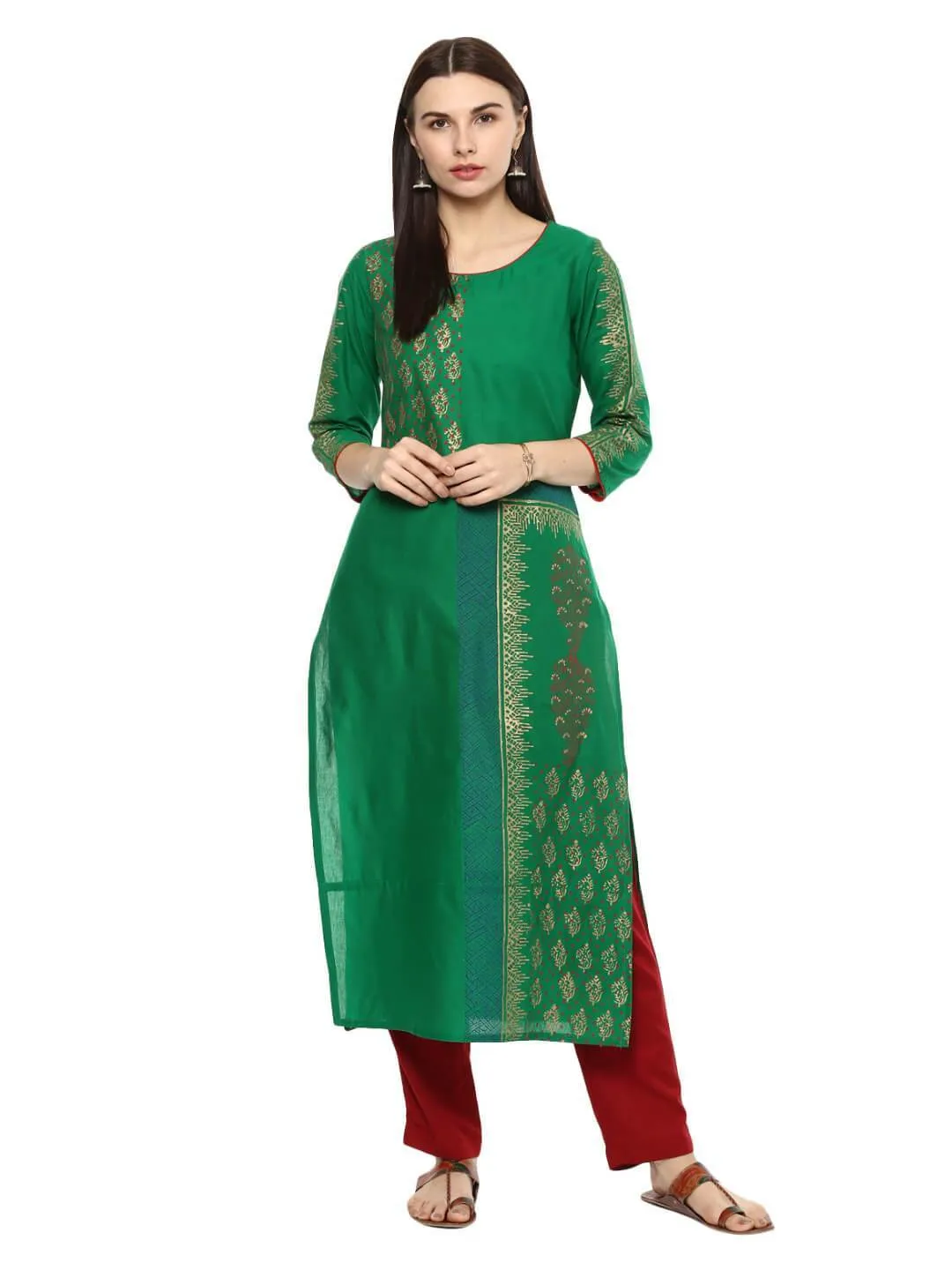 Women Green Ajrakh Floral Hand Block Cotton Printed Straight Kurta - Noor