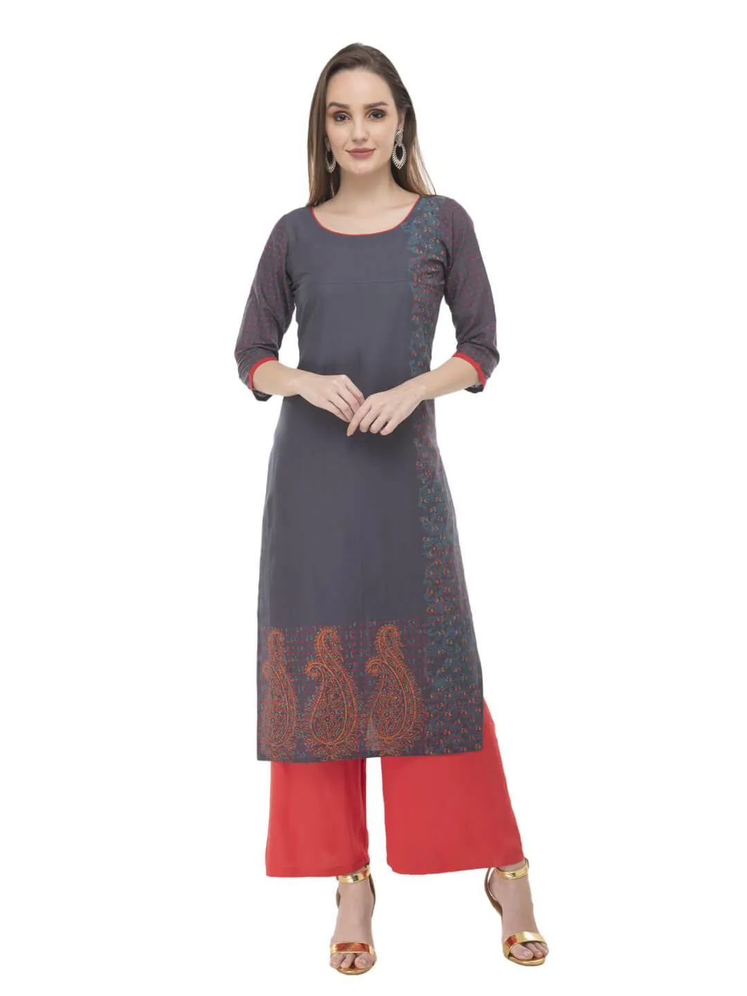 Women Grey Ajrakh Hand Block Cotton Printed Straight Kurta -Noor