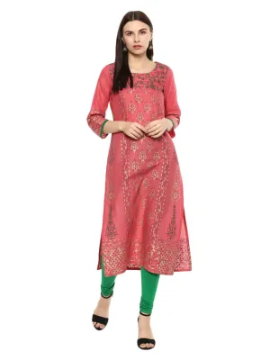 Women Old Rose Ajrakh Hand Block Foil Printed Cotton Printed Straight Kurta - Noor