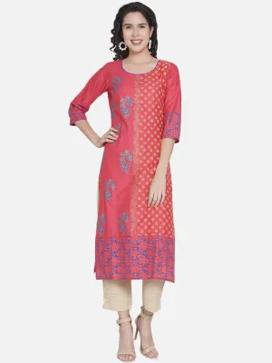 Women Old Rose Ajrakh Hand Block Foil Printed Cotton Printed Straight Kurta