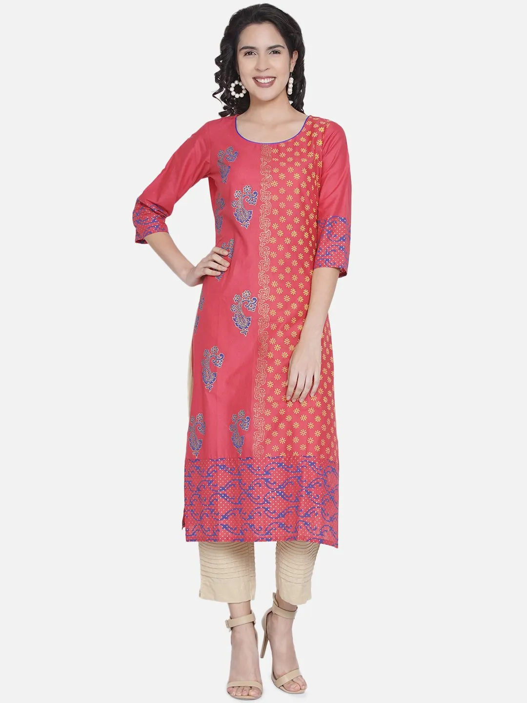 Women Old Rose Ajrakh Hand Block Foil Printed Cotton Printed Straight Kurta