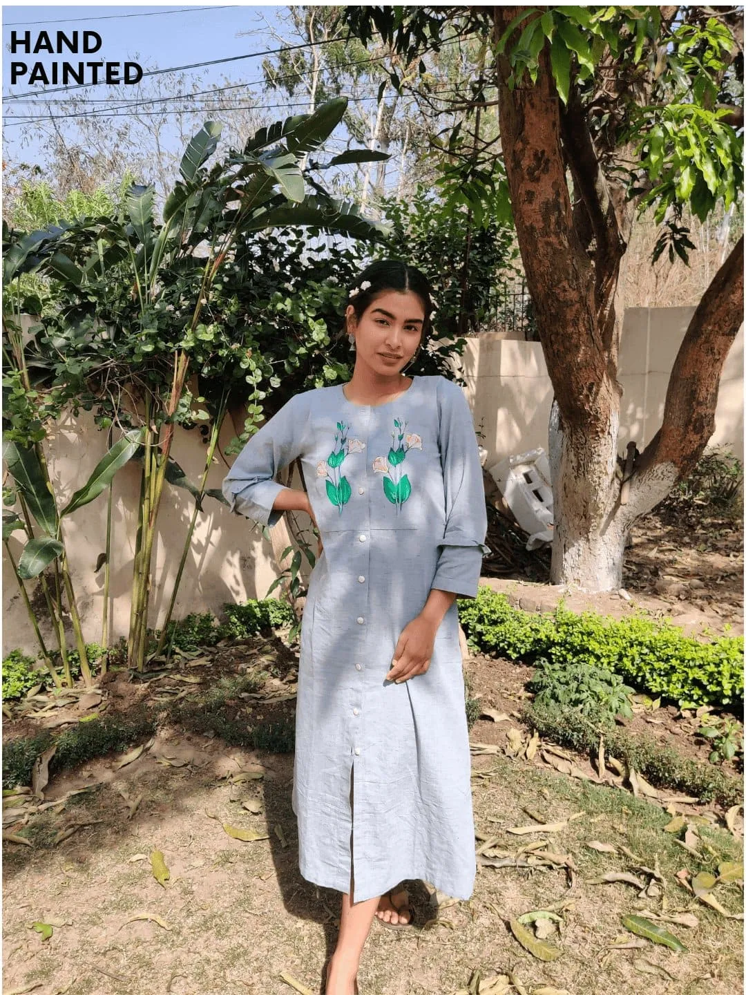 Women Painted Grey Khadi Dress