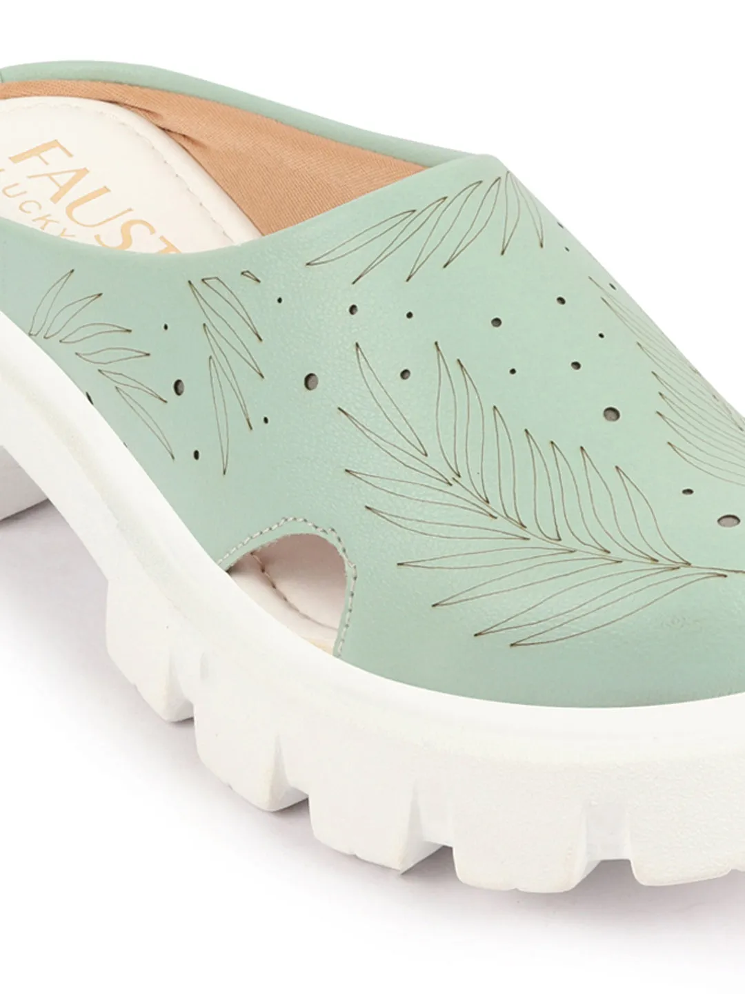 Women Pista Green Fashion Outdoor Leaf Print Laser Cut Design Open Back Slip On Casual Shoes