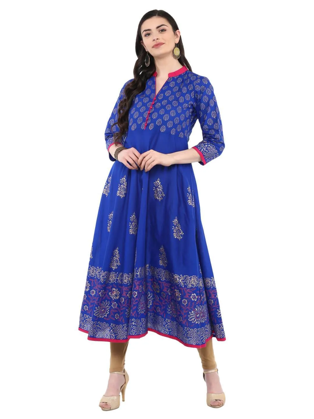 Women Royal Blue Festive Ajrakh Hand Block Cotton Printed Anarkali - Bhor