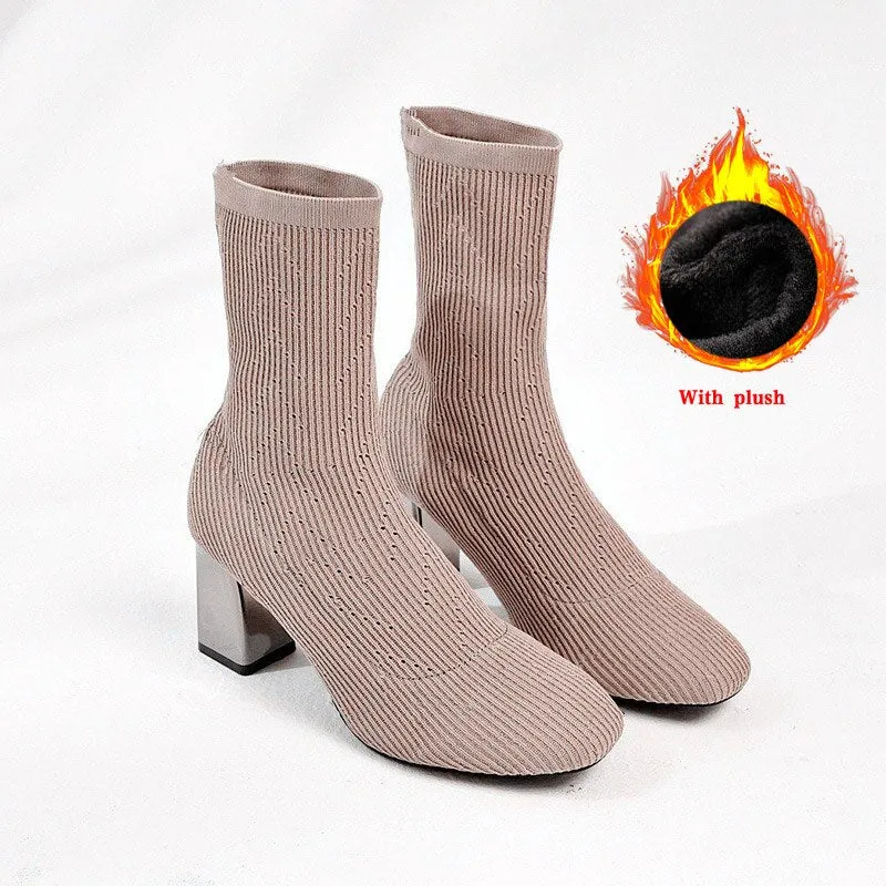 Women Socks Ankle Boots Fashion Shoes Ladies Autumn Winter Square Toe High Heels Woman Knitted Boots New Footwear Female Boots