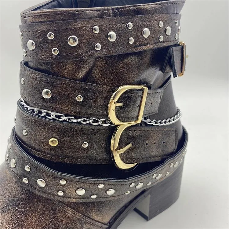 Women studded ankle strap retro short chunky heel boots