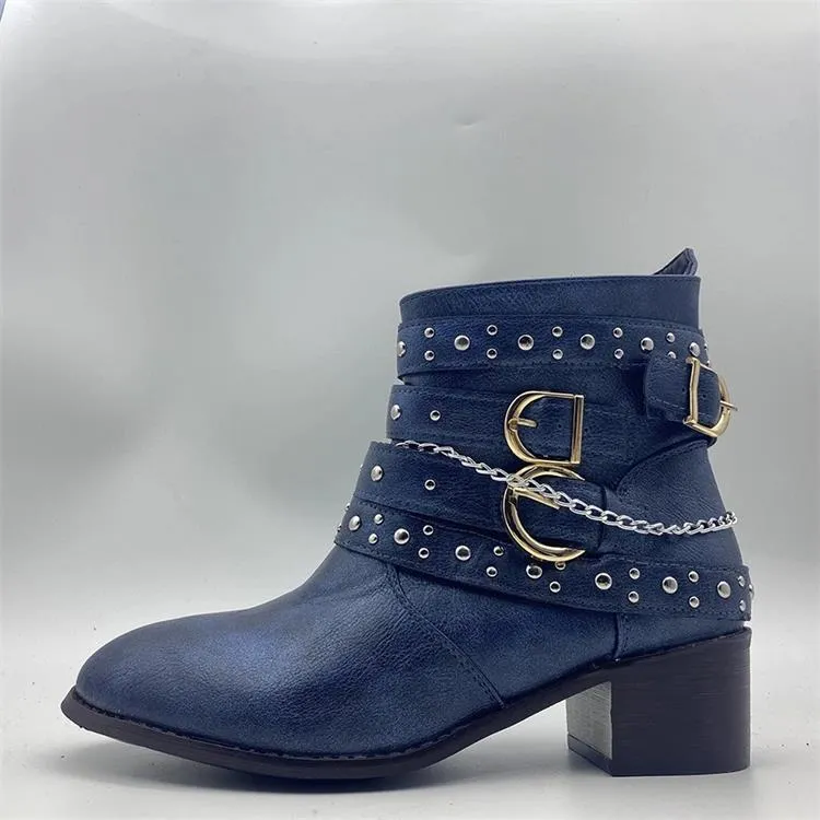 Women studded ankle strap retro short chunky heel boots