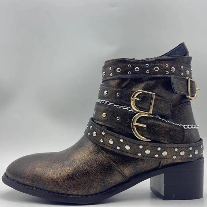 Women studded ankle strap retro short chunky heel boots