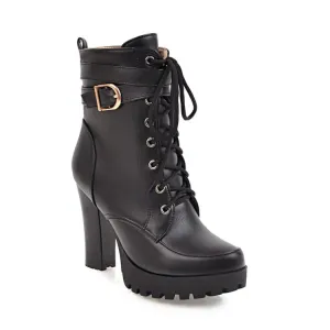 Women's Booties Round Toe Lace-Up Block Chunky Heel Platform Short Boots