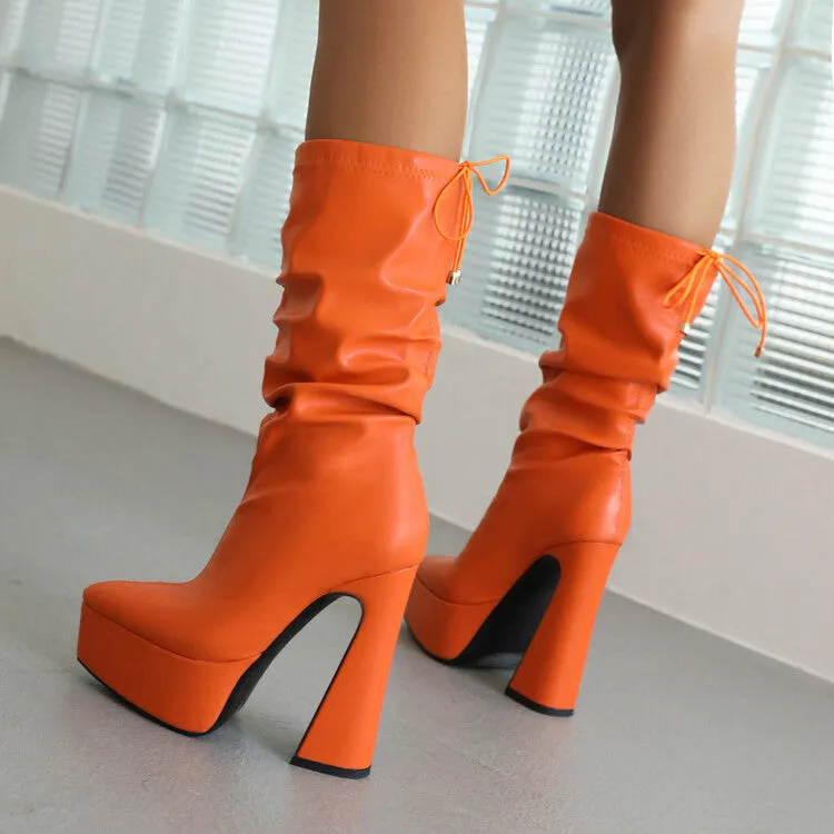 Women's Pu Leather Pointed Toe Back Tied Straps Spool Heel Platform Mid-calf Boots