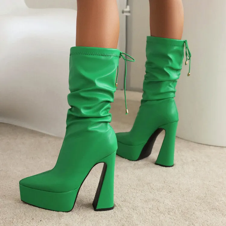 Women's Pu Leather Pointed Toe Back Tied Straps Spool Heel Platform Mid-calf Boots